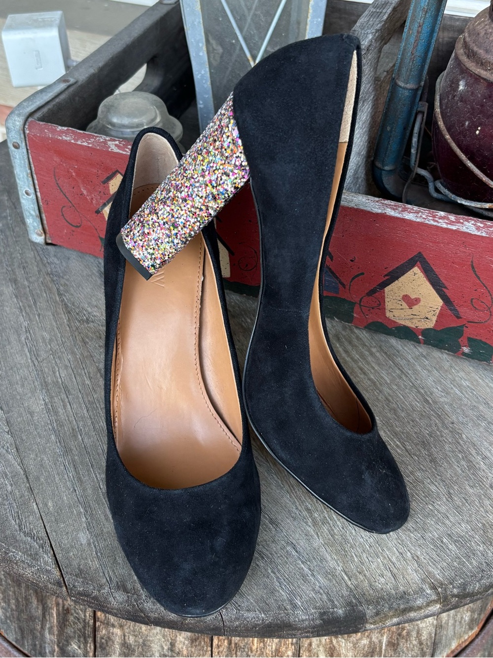 J. Crew Celia Black Suede High Heel Pumps with Chunky Multicolor Glitter Heel